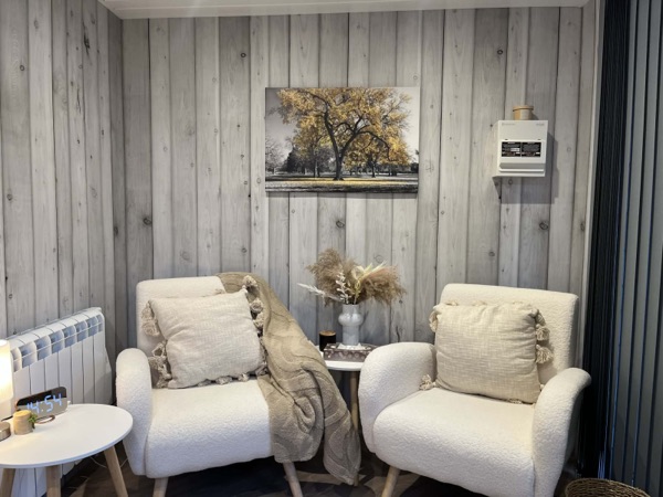 Two armchairs facing each other beside a small table, with artwork on the wall
